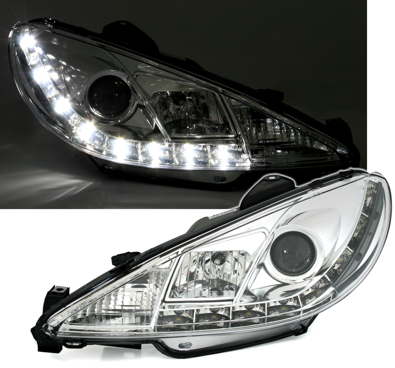 Scheinwerfer mit LED für Peugeot 206 in Chrom